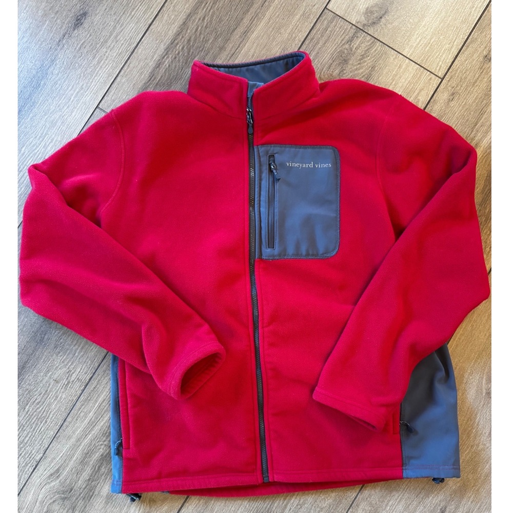 Vineyard Vines Mens Red Full Zip Fleece Jacket Gray Trim Whale Logo T088